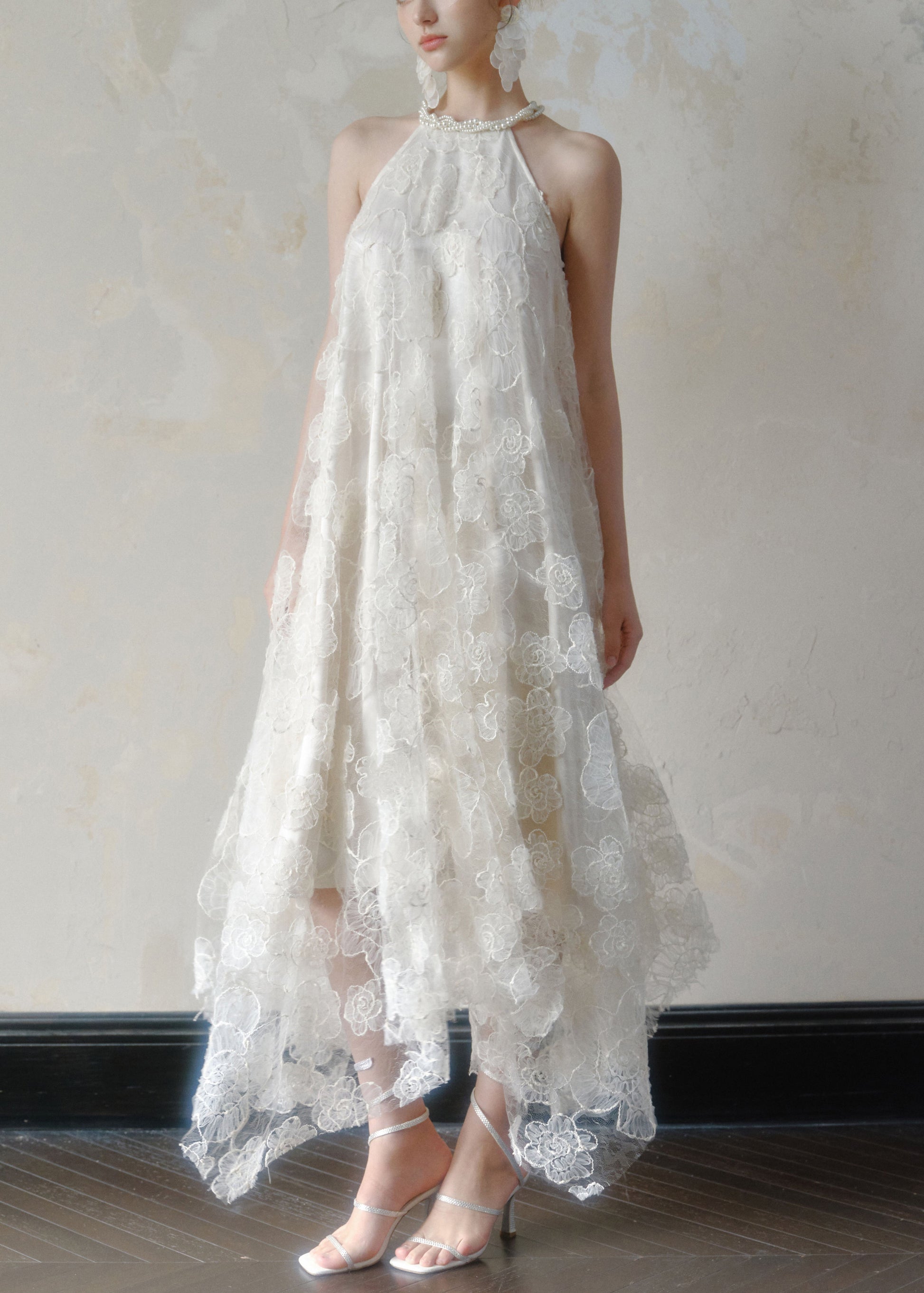 Women's Beaded Lace Gown White Asymmetric Hem Floor Length - OutfitLondon