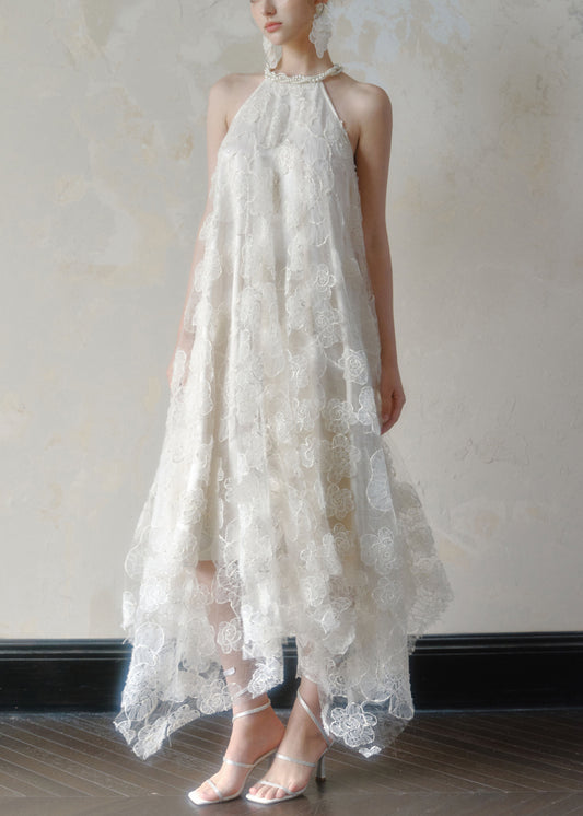 Women's Beaded Lace Gown White Asymmetric Hem Floor Length - OutfitLondon