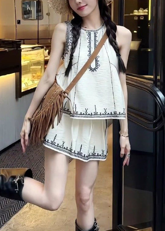 Women's Cotton Embroidered Two Piece Set Sleeveless And Skirt White - OutfitLondon