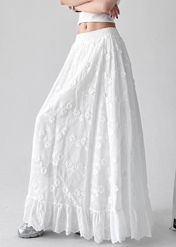 Women's Cotton Skirt Elastic Waist White Floral Lightweight - OutfitLondon