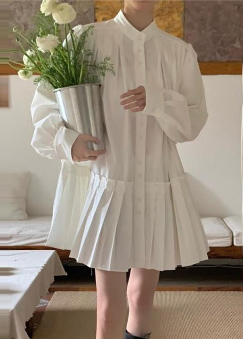 Women's Cotton Shirt Dress Oversized Pleated Hem White - OutfitLondon
