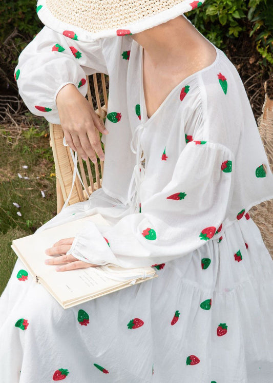 Women's Cotton Blouse And Skirt Set White Print Lace Up - OutfitLondon