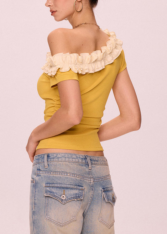 Women's Cotton Off Shoulder Ruffle Soft Yellow - OutfitLondon
