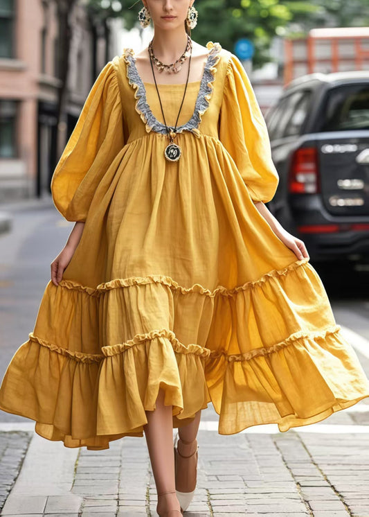 Women's Yellow Maxi Dress Ruffles Bracelet Sleeves - OutfitLondon