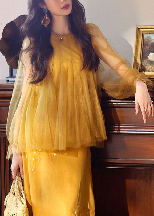 Women's Two Piece Tulle Set Yellow Tank Flutter Sleeve - OutfitLondon