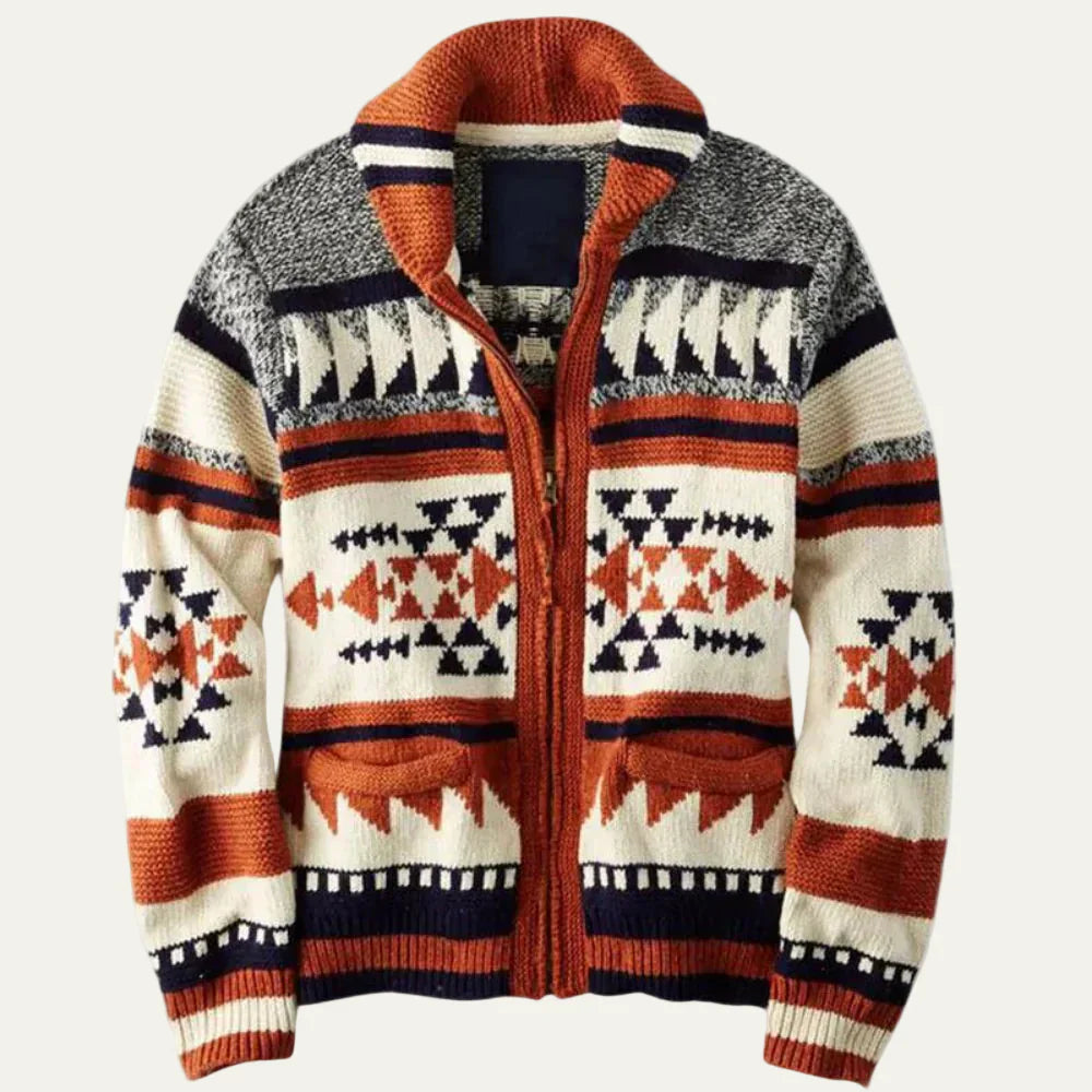 Men's Patterned Crew Neck Zip Sweater