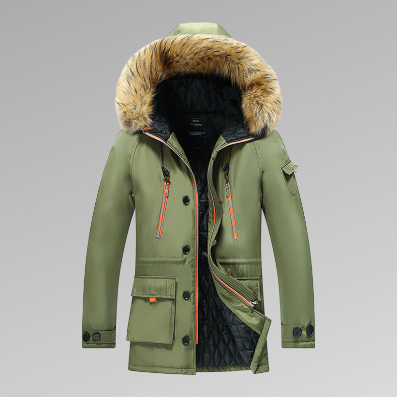 Warm Insulated Men's Snow Parka Coat with Faux Fur Hood