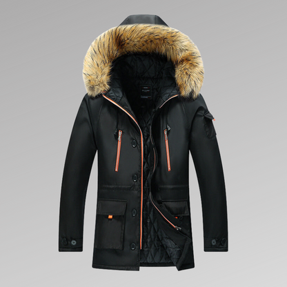 Warm Insulated Men's Snow Parka Coat with Faux Fur Hood - OutfitLondon