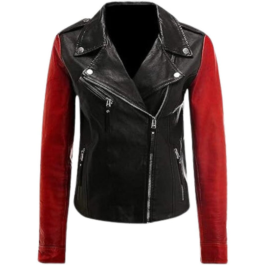 Women's Slim Fit Leather Biker Jacket Asymmetrical Design Black - OutfitLondon