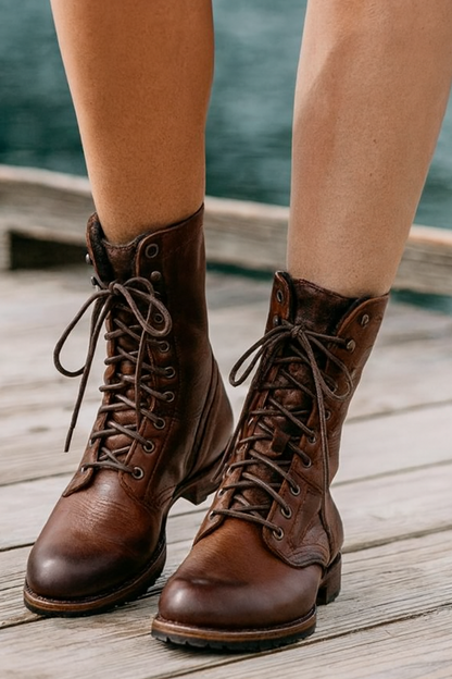 Women's Leather Ankle Boots Lace-Up