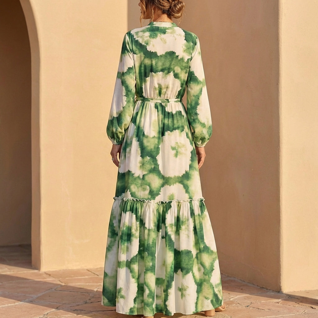 Elegant V Neck Maxi Dress with Drawstring Waist