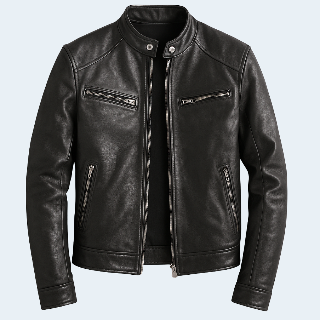 Classic Mens Brown Leather Biker Jacket with Zip Front - OutfitLondon