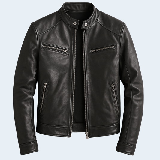 Classic Mens Brown Leather Biker Jacket with Zip Front - OutfitLondon