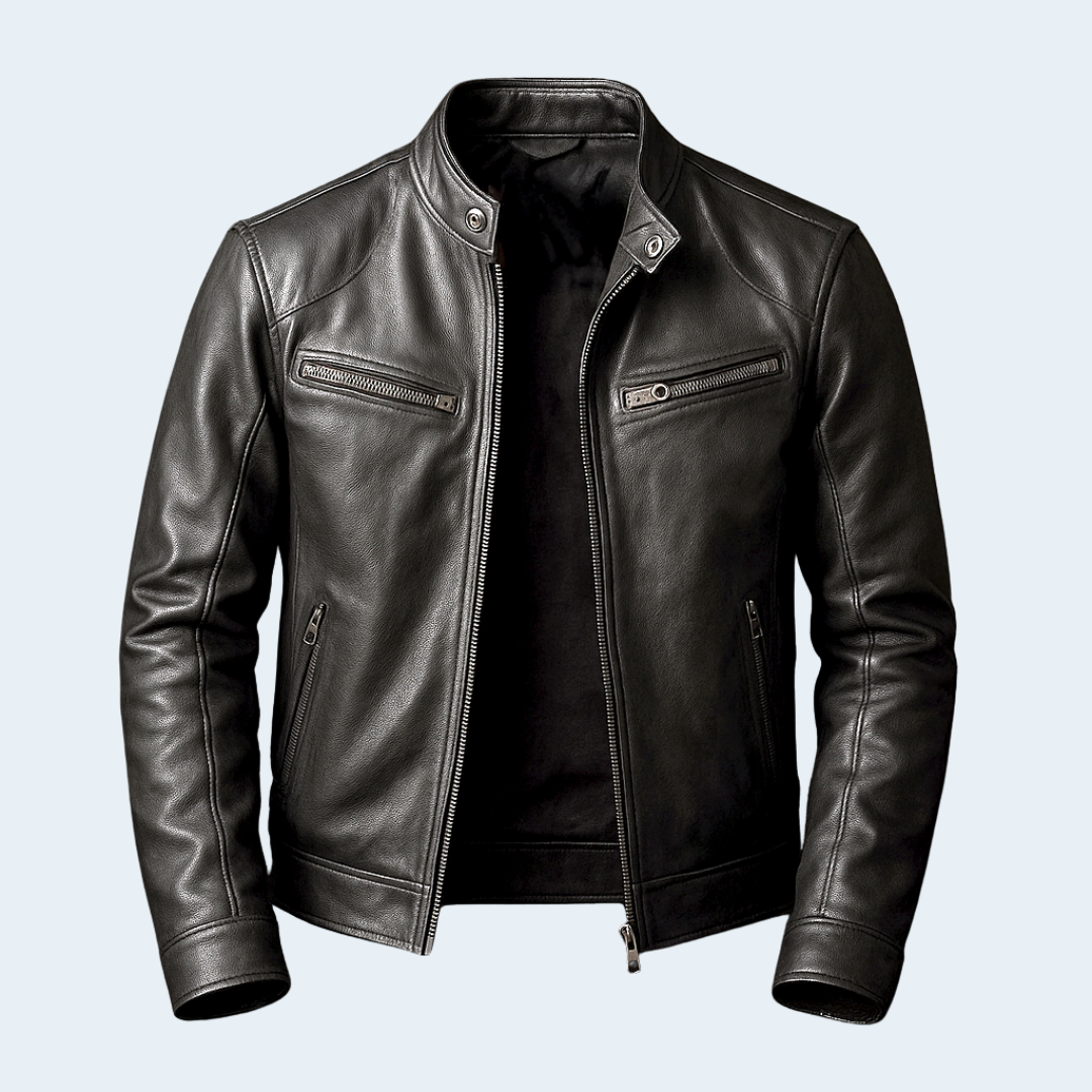 Classic Mens Brown Leather Biker Jacket with Zip Front