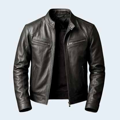 Classic Mens Brown Leather Biker Jacket with Zip Front
