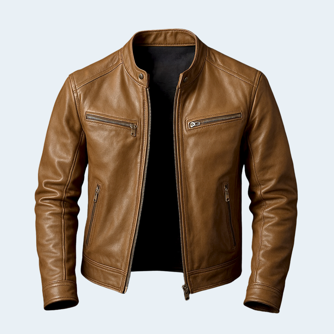 Classic Mens Brown Leather Biker Jacket with Zip Front