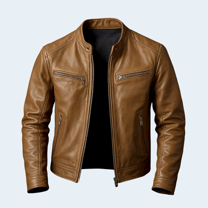 Classic Mens Brown Leather Biker Jacket with Zip Front