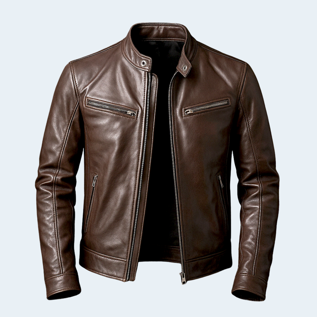 Classic Mens Brown Leather Biker Jacket with Zip Front