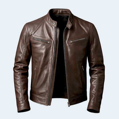 Classic Mens Brown Leather Biker Jacket with Zip Front