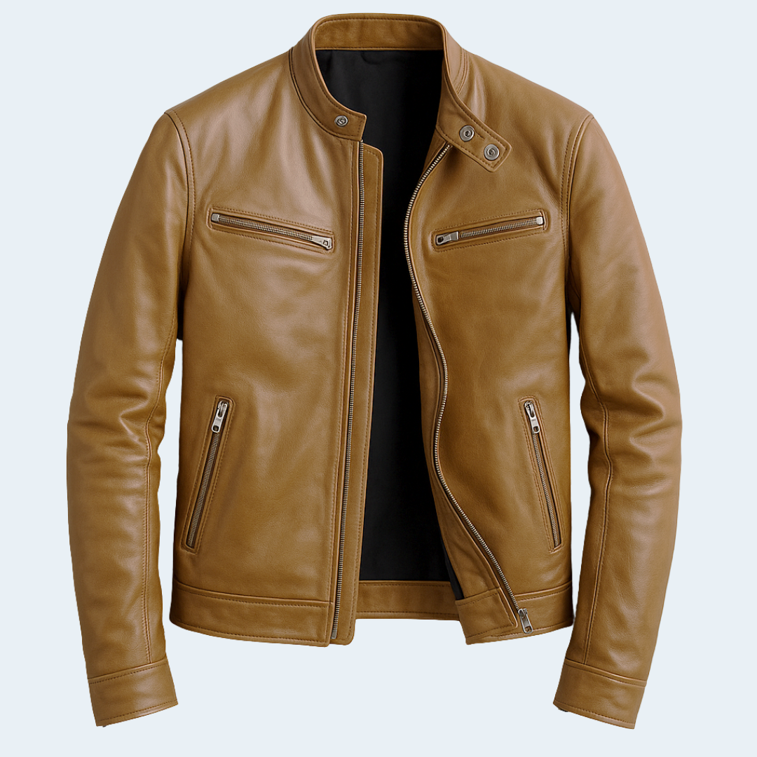 Classic Mens Brown Leather Biker Jacket with Zip Front