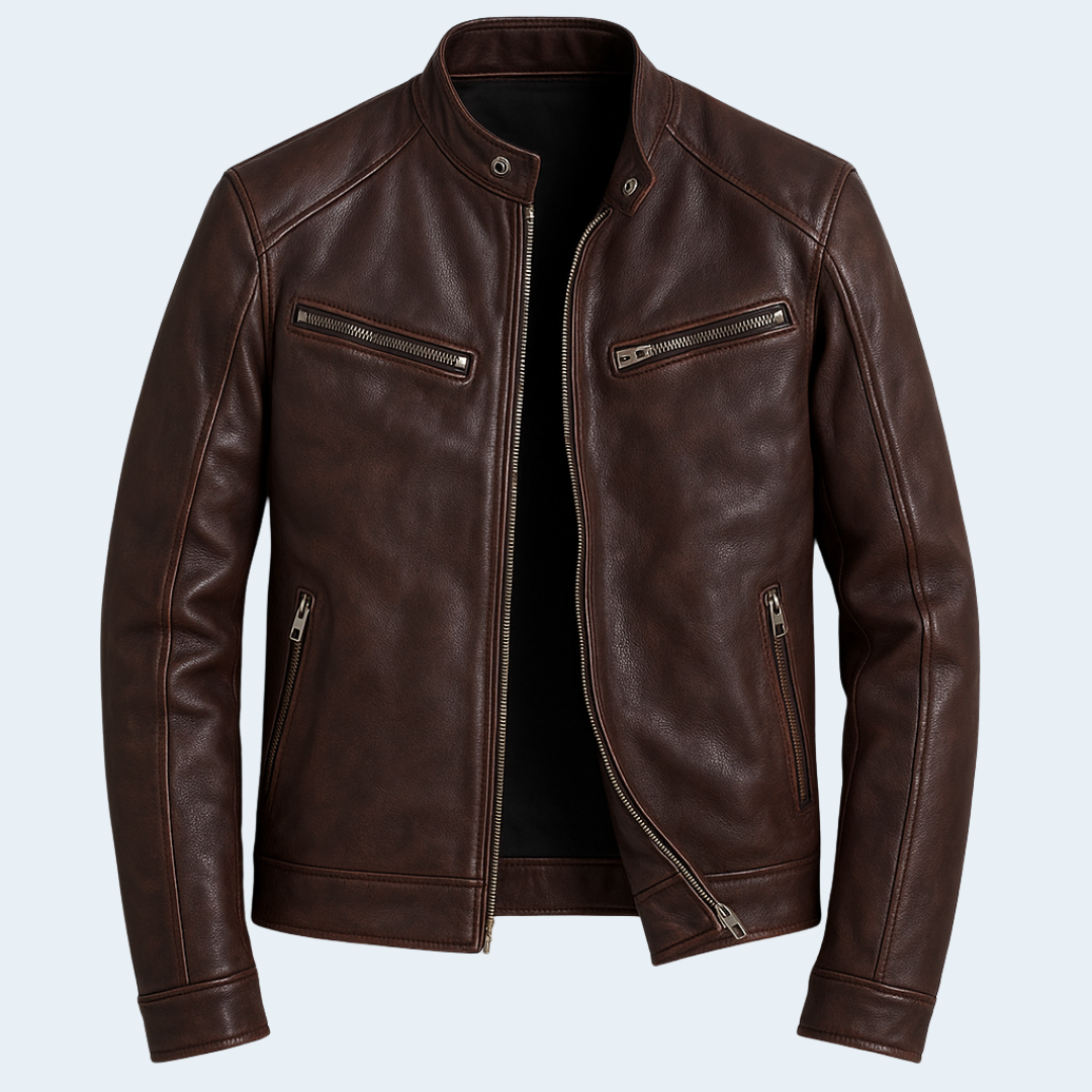 Classic Mens Brown Leather Biker Jacket with Zip Front