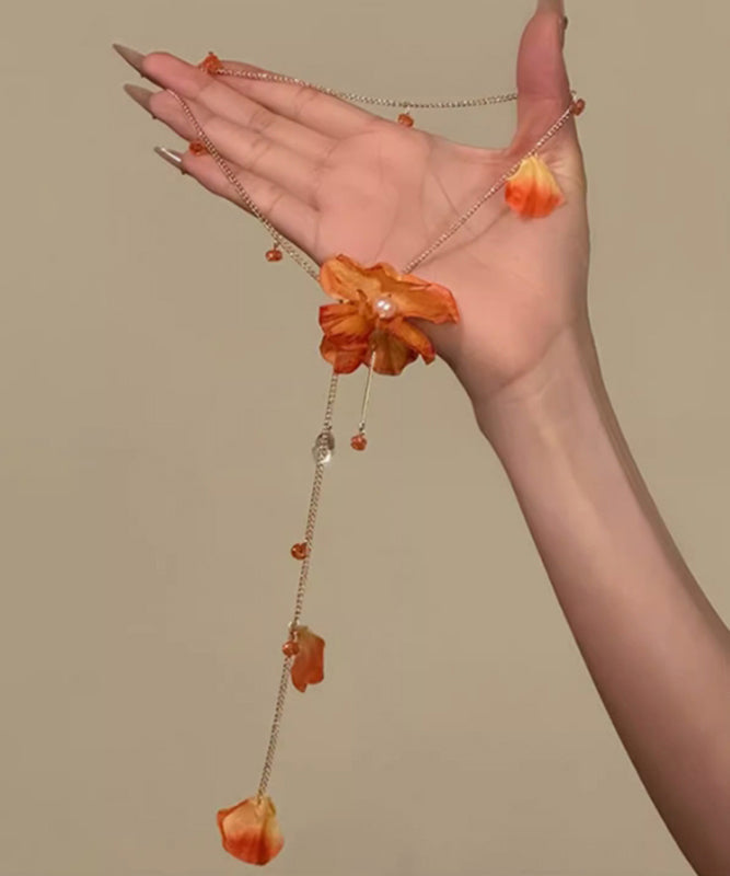 Women's Floral Pendant Necklace Orange Alloy 55cm Lightweight - OutfitLondon