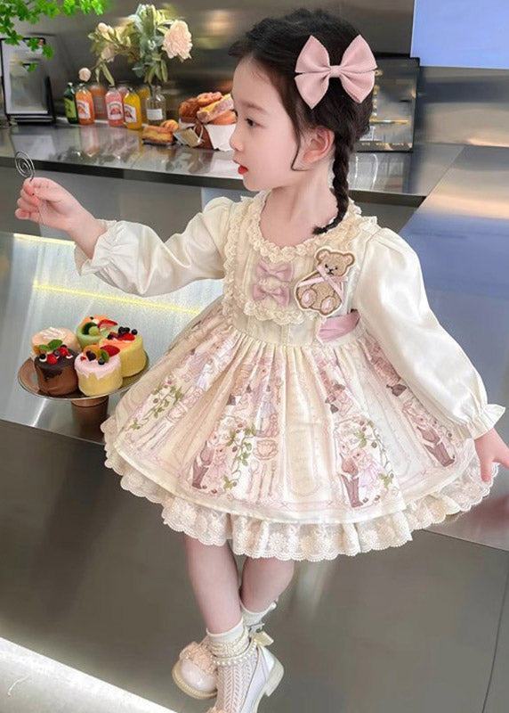 Girls Cotton Blend Ruffle Dress Apricot Print - OutfitLondon
