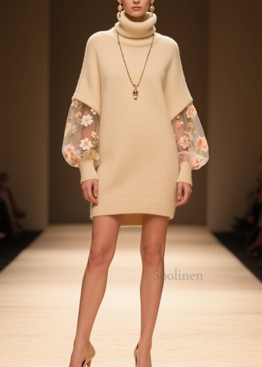 Women's Beige Tulle Knit Dress High Neck Patchwork Winter - OutfitLondon