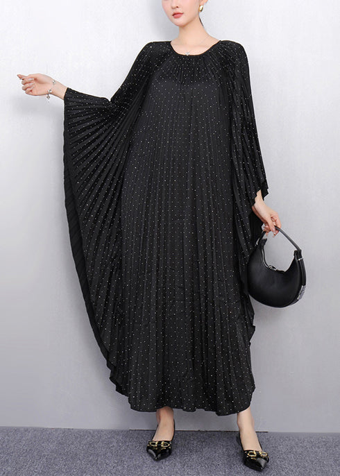 Women's Black Cotton Pleated Oversized Dress Batwing Sleeves Plus Size - OutfitLondon