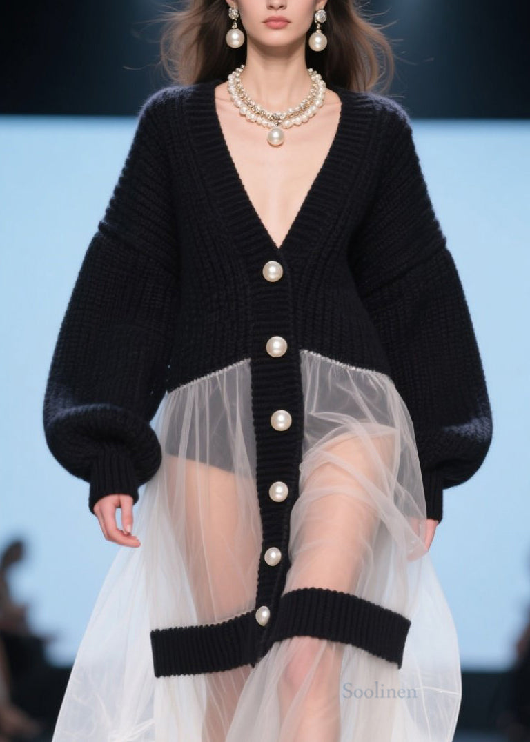 Women's Oversized Tulle Coat Black V Neck Knit Patchwork - OutfitLondon