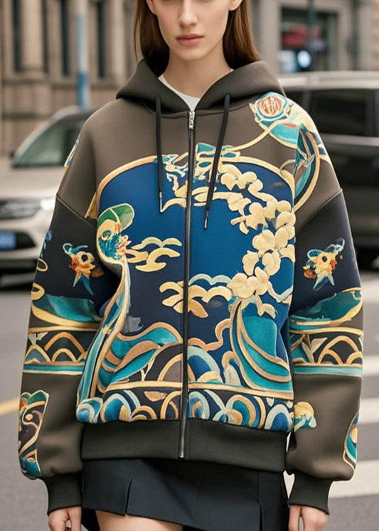Unisex Cotton Hoodie Coat Green Black Print Oversized - OutfitLondon