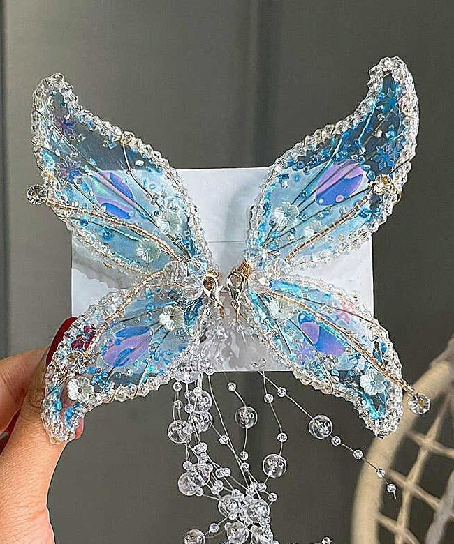 Girls Crystal Hair Clip Acrylic Pom Pom Blue - OutfitLondon