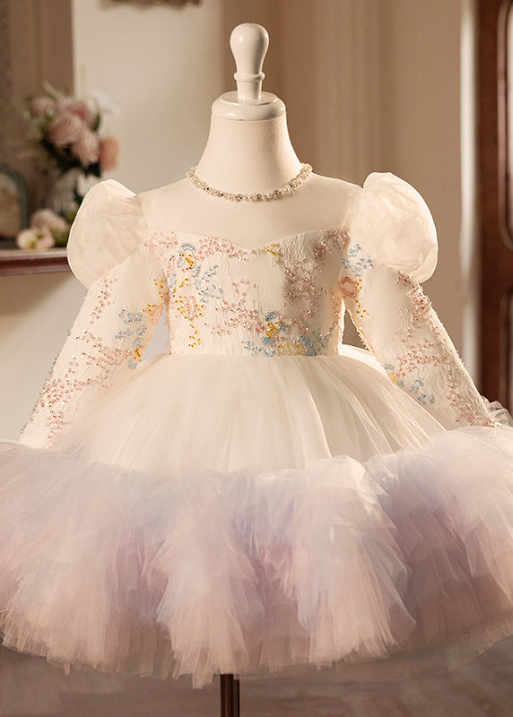 Girls Sequin Tulle Maxi Dress Sparkling Puff Sleeves Champagne - OutfitLondon