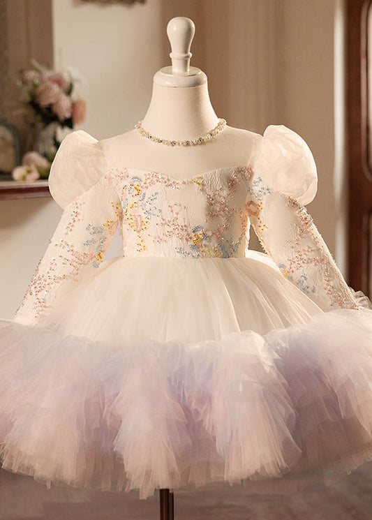 Girls Sequin Tulle Maxi Dress Sparkling Puff Sleeves Champagne - OutfitLondon