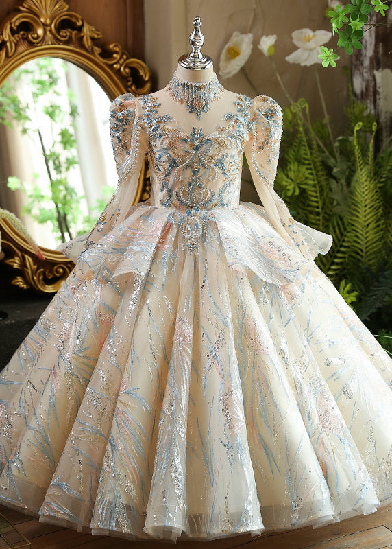 Girls Embroidered Maxi Dress Tulle High Neck Champagne Formal Gown - OutfitLondon