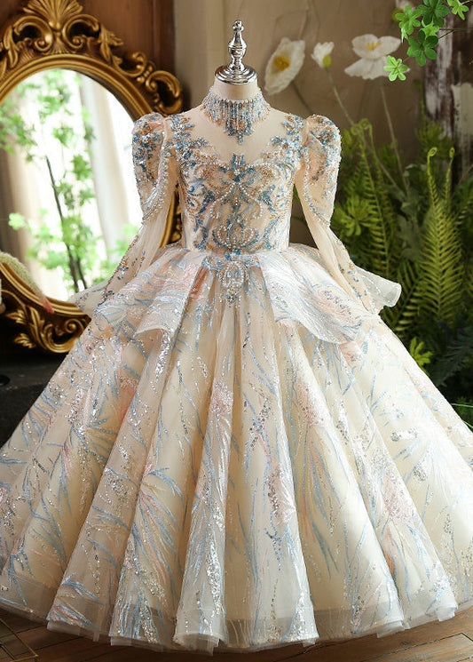 Girls Embroidered Maxi Dress Tulle High Neck Champagne Formal Gown - OutfitLondon