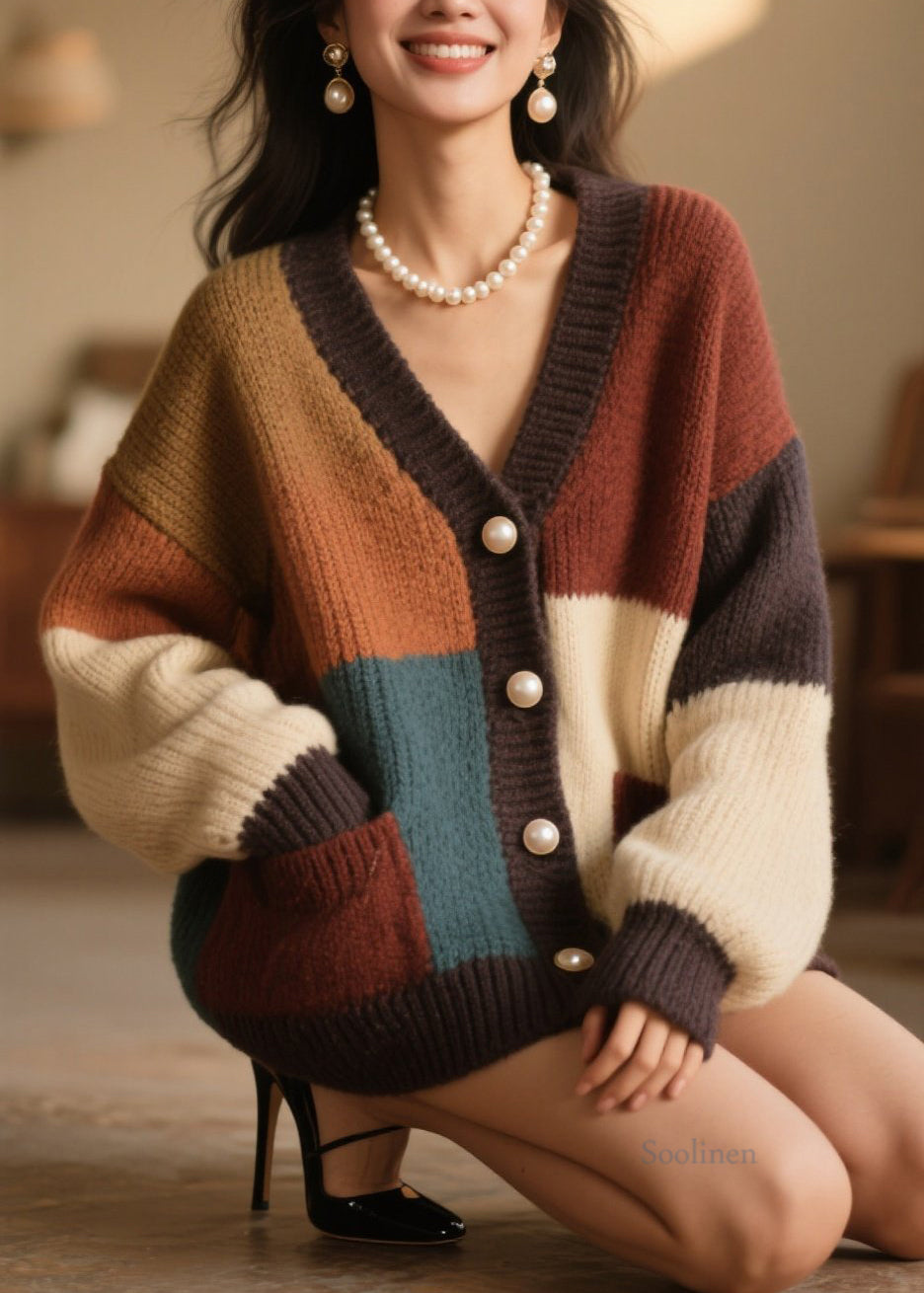 Women's Plus Size Knitted Cardigan Button Pockets Colorblock Beige - OutfitLondon