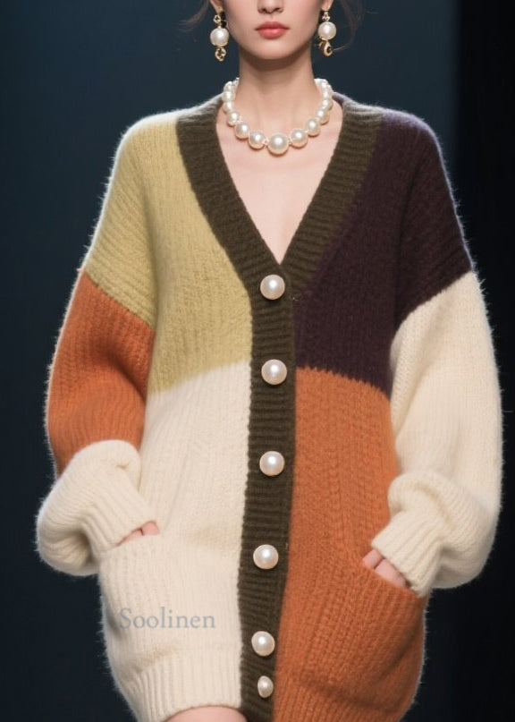 Women's Patchwork Knit Coat Colorblock V Neck Button Closure - OutfitLondon