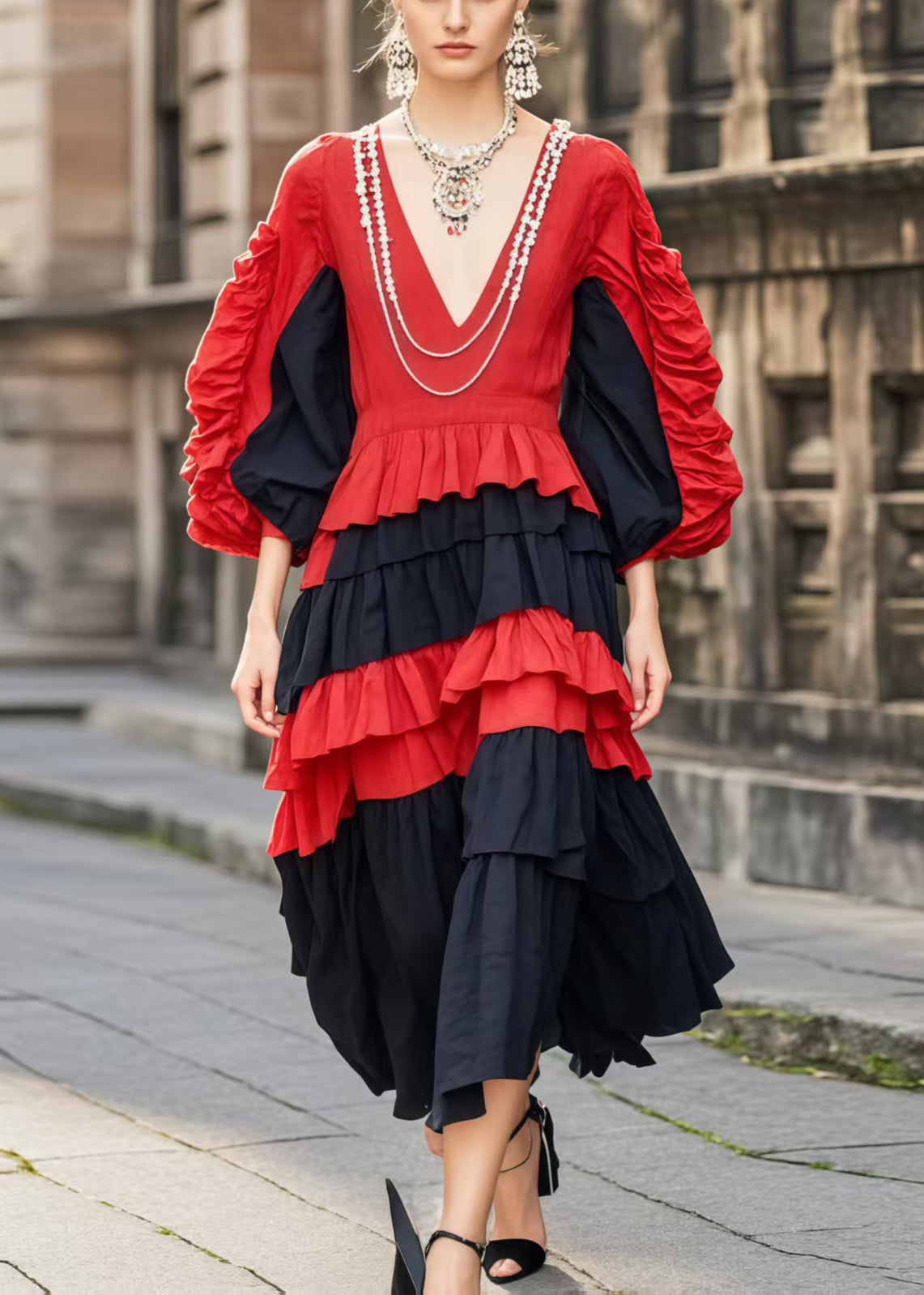 Women's Cotton V Neck Dress Color Block Comfortable - OutfitLondon