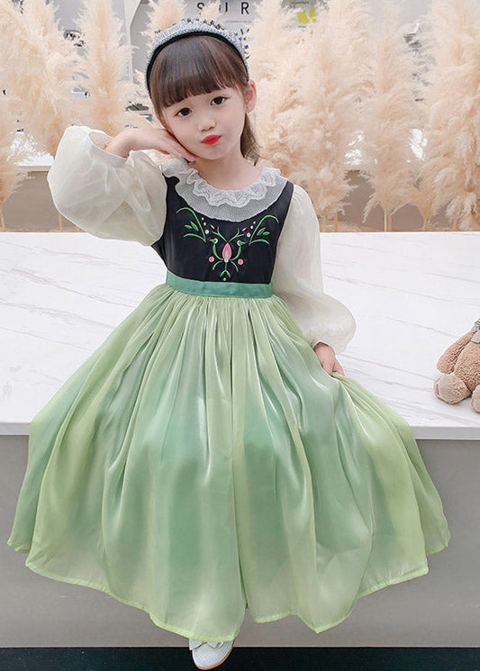 Girls Green Embroidered Tulle Maxi Dress Airy Spring - OutfitLondon