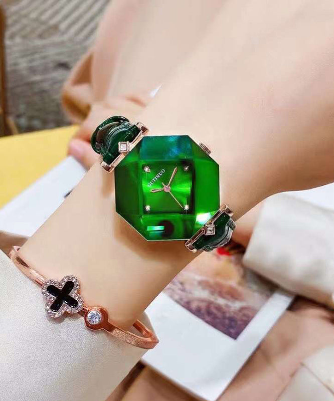 Green Leather Watch Waterproof Tempered Glass Everyday Wear - OutfitLondon