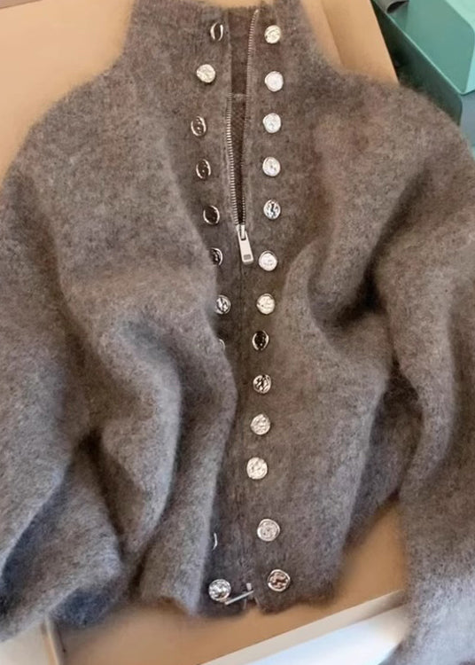 Women's Wool Cardigan Zip Front Grey - OutfitLondon