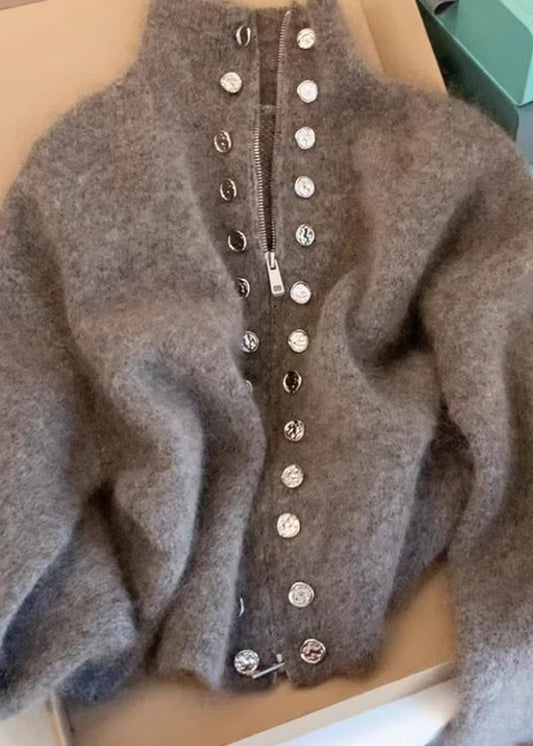 Women's Wool Cardigan Zip Front Grey - OutfitLondon