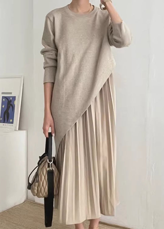 Women's Asymmetric Knit And Pleated Midi Skirt Set Khaki - OutfitLondon