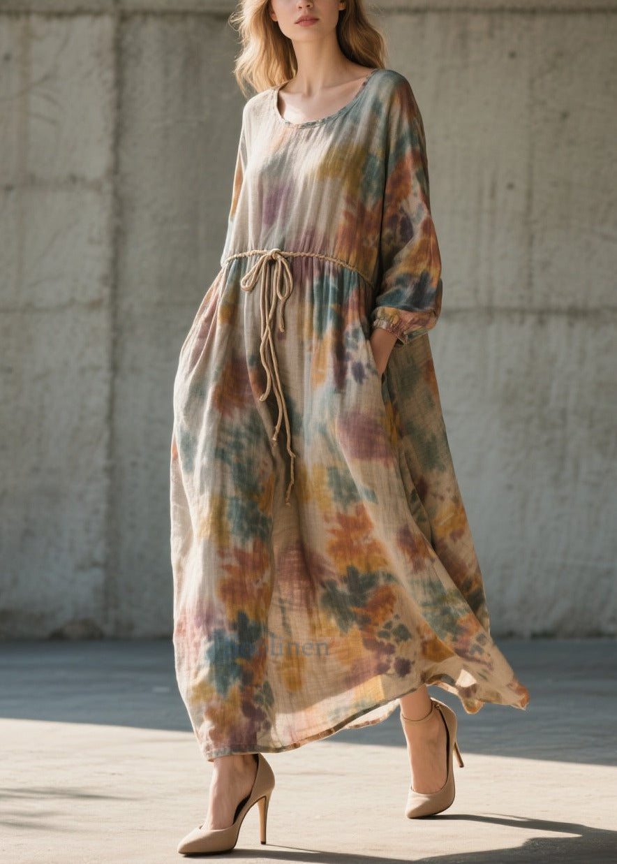 Women's Cotton Maxi Dress Cinched Waist Tie Dye - OutfitLondon