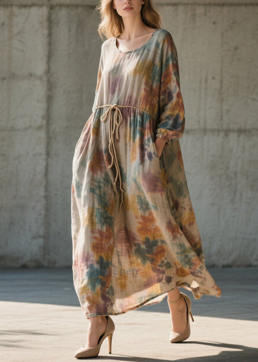 Women's Cotton Maxi Dress Cinched Waist Tie Dye - OutfitLondon