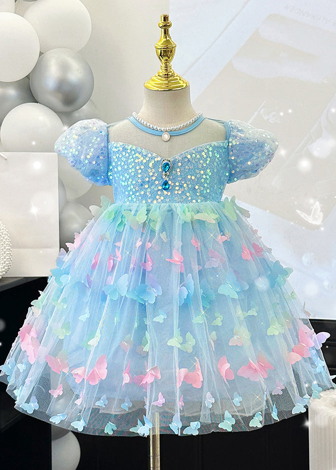 Kids Light Blue Tulle Princess Dress Puff Sleeves Sequin - OutfitLondon