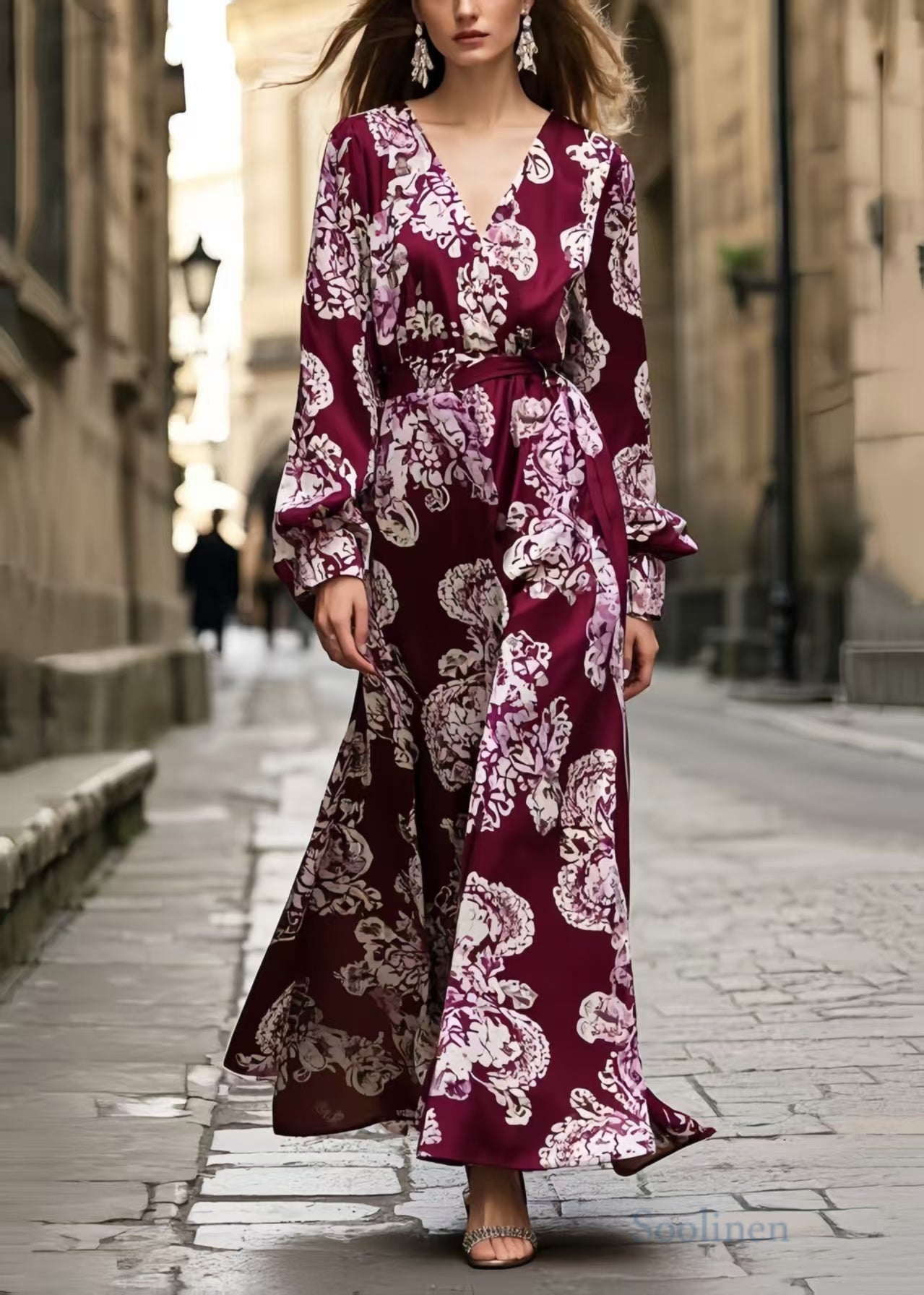 Women's Mulberry Print Silk Maxi Dress Wrap Waist - OutfitLondon