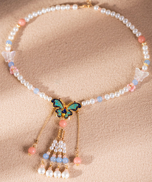 Kids Multicolor Pearl Bead Necklace Enamel Floral Pom Pom - OutfitLondon
