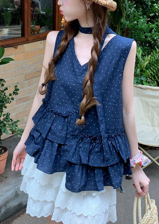 Women's Cotton Blouse Navy Ruffle Lightweight - OutfitLondon